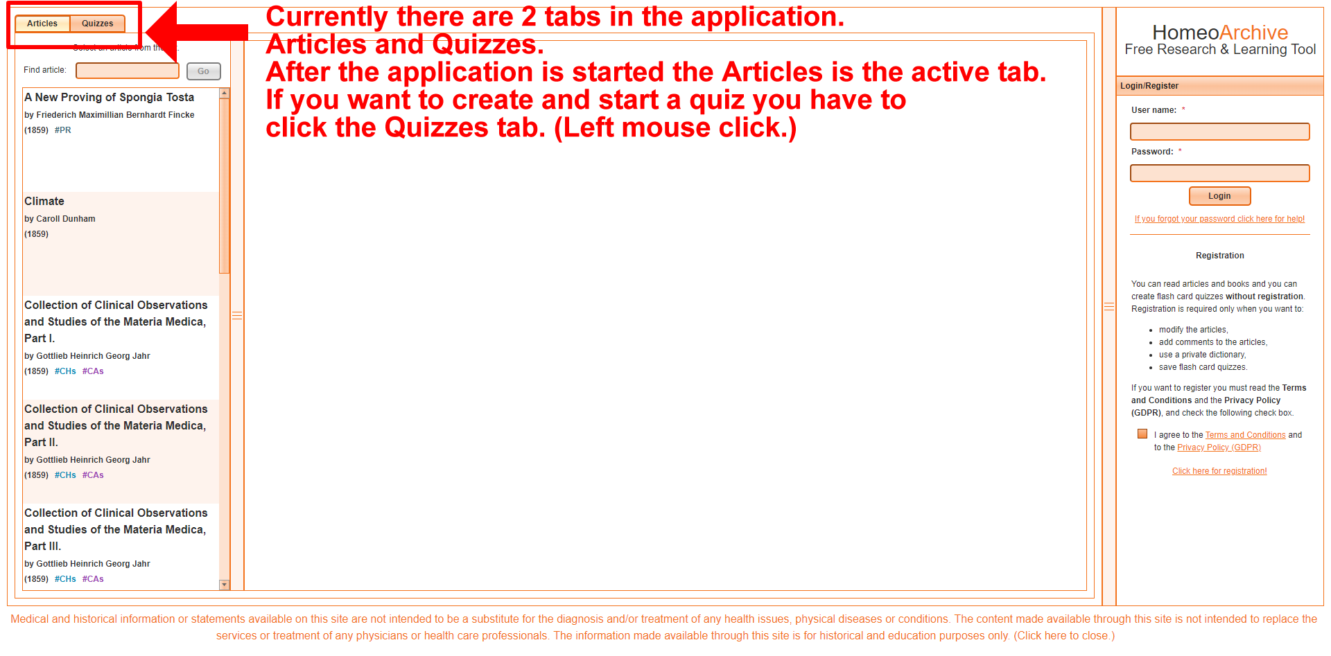 Articles and Quizzes Tabs