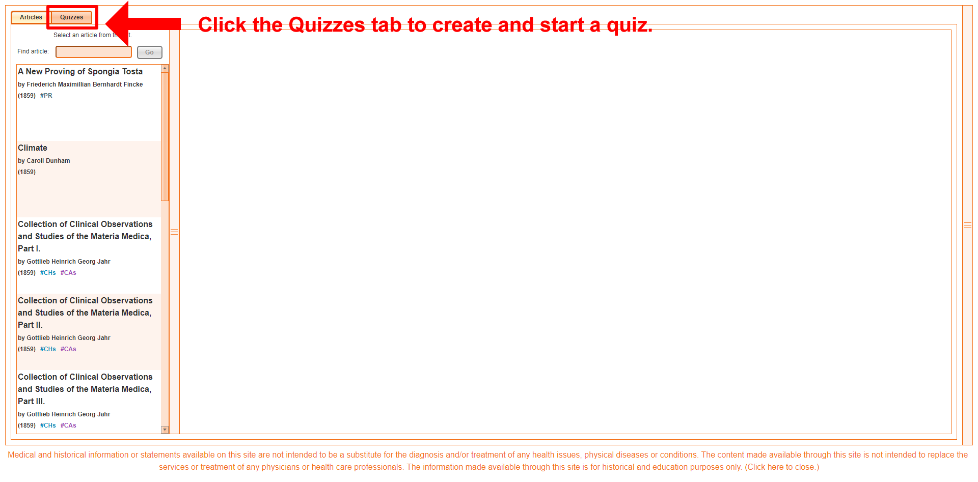 Selecting the Quizzes Tab